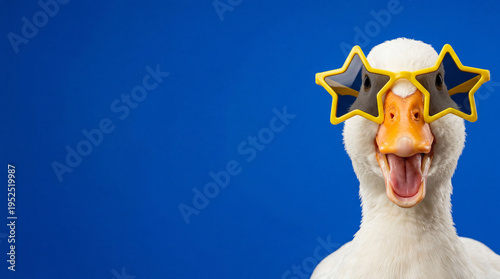 White goose wearing yellow star-shaped sunglasses on blue background with copy space