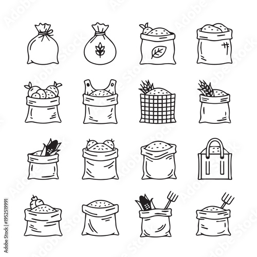 Collection of Hand-Drawn Bags Filled With Grains and Produce