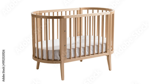 Cuadro en lienzo Isolated modern oval wooden baby crib with mattress, elegant nursery furniture f