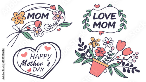 Hand Drawn Mother's Day Floral Labels and Badges Set with Love Mom Text and Hearts