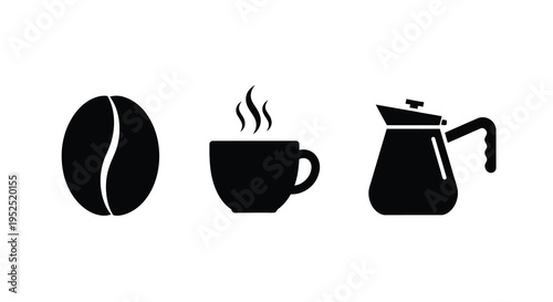 Coffee bean cup and pot icons presented as a dark silhouette