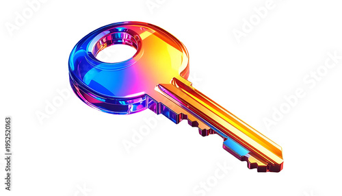 Iridescent key with a vibrant neon glow against a black background; security concept