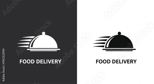 Two food delivery logos with a covered dish and motion lines on black and white backgrounds, conveying speed and service.