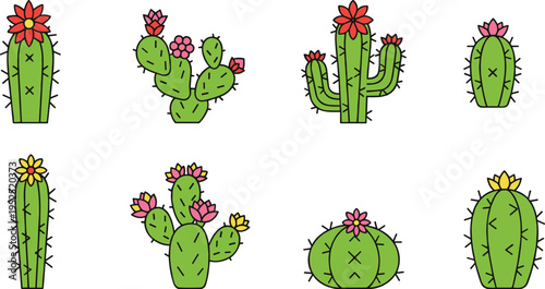 Vector cactus set with flowering succulent plants and desert cacti blossoms with thorns isolated on white background clipart