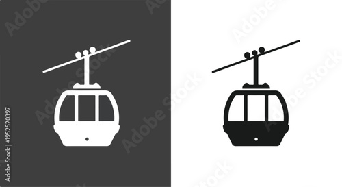 Graphic illustration of a cable car silhouette and a white cable car on a dark background and white background.