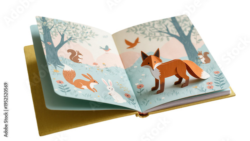 Isolated children's pop-up book with cute forest animals and a dimensional fox