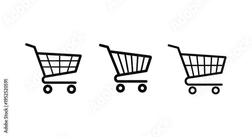 Three shopping carts in a row simple black outline silhouette
