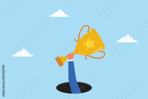 Vector illustration of a hand rising from a hole holding a golden trophy, symbolizing victory, achievement, success, and reaching goals, minimal design
