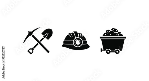 Mining tools including a pickaxe helmet and ore cart silhouette