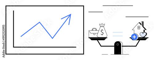 Financial growth concept. Rising graph paired with balanced symbols of money, assets, and home ownership. Financial goals, wealth management, economic success, and balanced investments. For financial