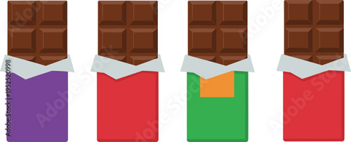 Chocolate bar vector set with dark cocoa pieces and colorful wrappers in purple red and green isolated on white