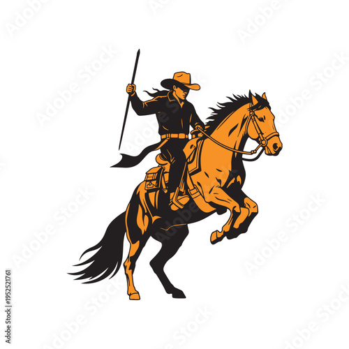 A dynamic vector illustration of a determined cowboy riding a powerful horse while holding a spear