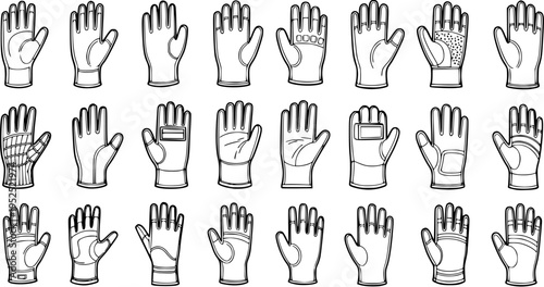 Work  Safety Gloves Line Art Vector Set. Black and White Outline Collection of Protective Handwear for Industrial, Construction, Sports, and Gardening Protection.