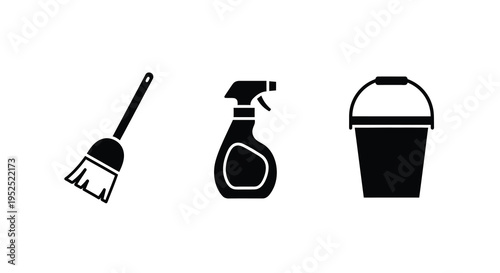 Cleaning tools including a broom spray and bucket silhouette