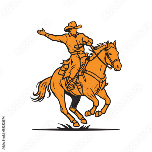 A graphic illustration of a cowboy riding a galloping horse with his hand extended outward