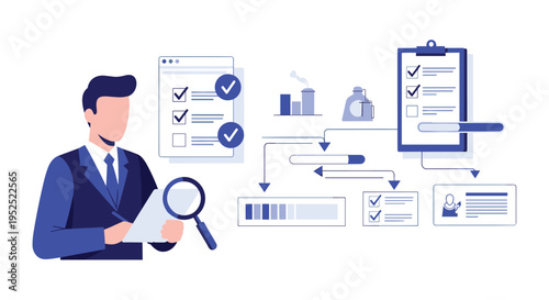 A man in a blue suit holds a clipboard and magnifying glass, overseeing a process flow diagram with checklists and progress bars.