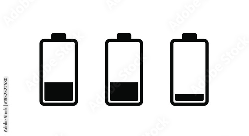 Three battery icons showing different charge levels black silhouette