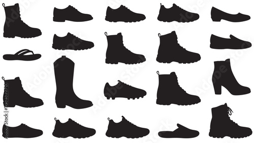 Footwear collection with various styles of shoes and boots in black silhouette form on a white background.