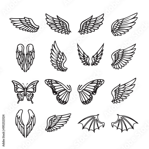 Collection of stylized wing illustrations angel butterfly and bat designs graphic elements