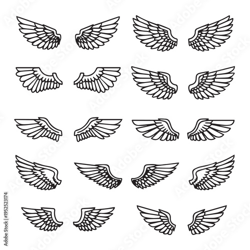 Collection of Stylized Wing Illustrations in Black Outline on White Background