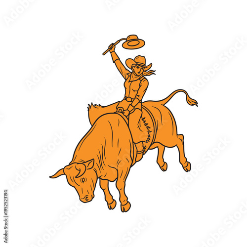 A fierce cowgirl riding a bucking bull while holding her hat high in a classic rodeo performance