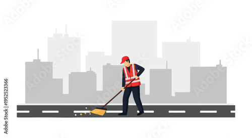 Illustration of a worker in a safety vest sweeping a road with a city skyline in the background.