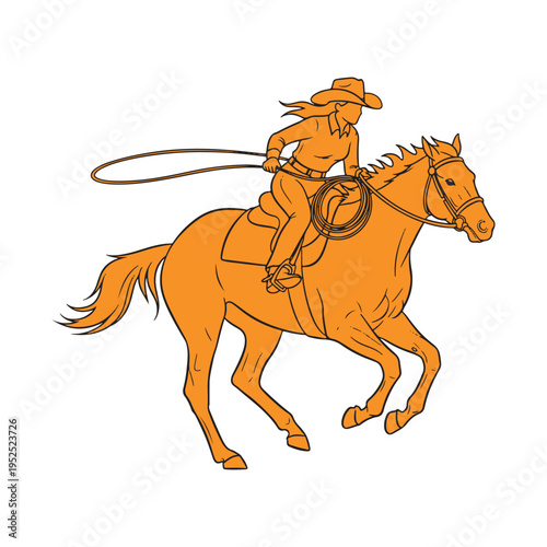 A stylized orange illustration of a cowgirl riding a galloping horse while holding a lasso rope