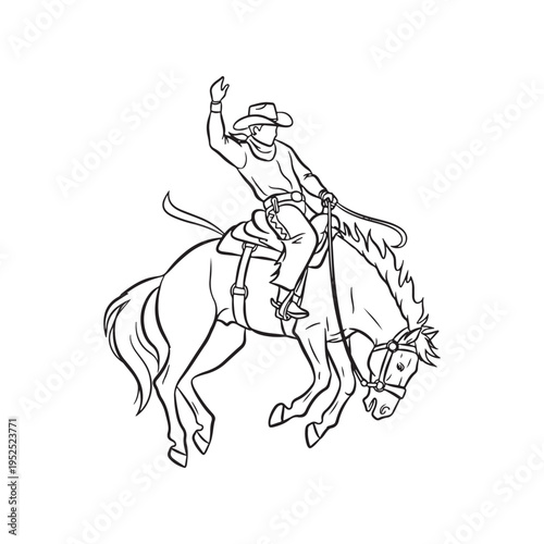 A black and white line art illustration of a cowboy riding a bucking bronco horse in a rodeo