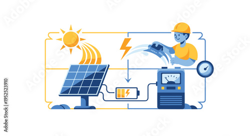 A male worker in a hard hat operates a large blue machine while a solar panel charges a battery under the sun.