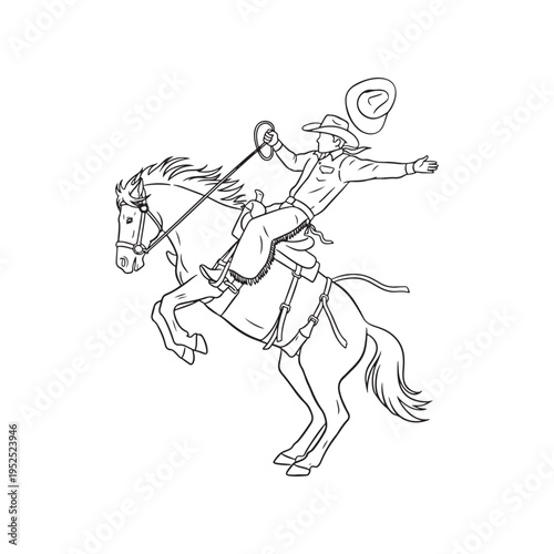 A black and white line art illustration of a cowboy riding a bucking horse during a rodeo event