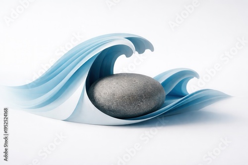 Abstract blue paper wave embracing smooth gray stone in minimal zen balance concept art scene