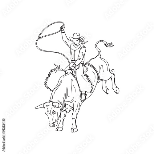 A single continuous line drawing of a cowboy riding a bucking bull while holding a rope overhead