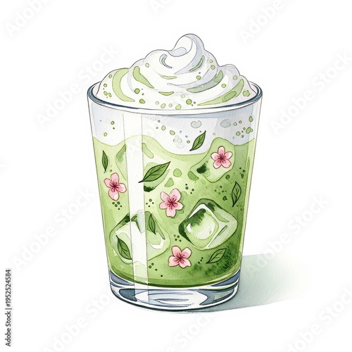 Refreshing Watercolor Matcha Latte with Ice Cubes Floral Details and Whipped Cream in Glass Cup on White Background