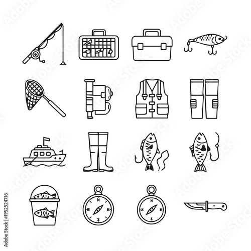 Fishing Equipment Icons Collection: Rod Net Lure Boots Fish Boat Compass Knife Vest Tackle BoxOutline Style
