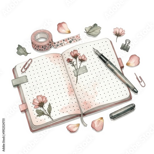 Watercolor Bullet Journal Layout with Fountain Pen Washi Tape Flowers and Stationery Elements on White Background