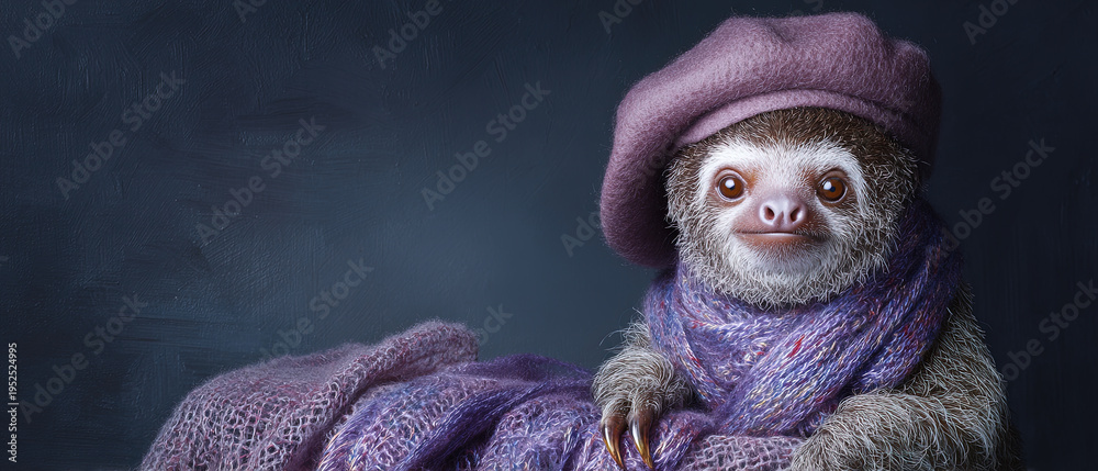Fototapeta premium Whimsical Adorable Sloth Portrait Wearing Purple Beret and Cozy Knitted Scarf With Gentle Expression