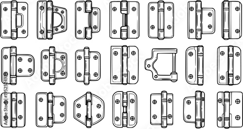 Black and White Line Art of Various Hinges for Doors and Cabinets
