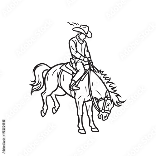 A black and white line art illustration of a cowboy riding a bucking bronco horse in action pose