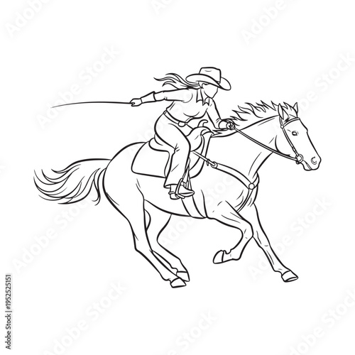 A black and white line art illustration of a cowgirl riding a galloping horse during a rodeo event