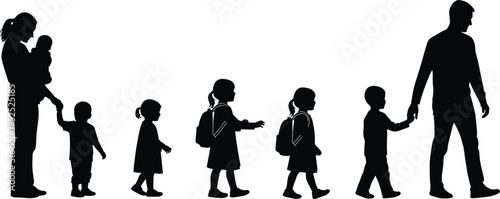 Black family silhouette set with parents holding hands with children and kids walking with backpacks on white background, 15 to 20 words.Black family silhouette set with parents holding hands with chi