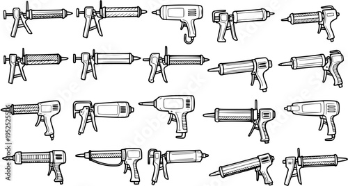 Black and White Line Art Icons of Various Caulking Guns for Construction and DIY