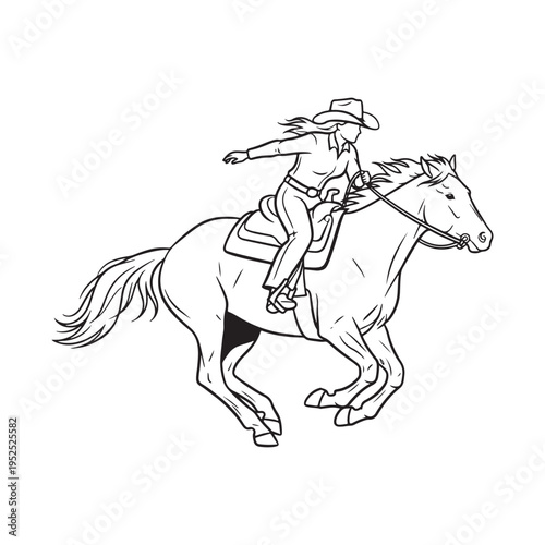 A black and white line art illustration of a dynamic cowgirl riding a galloping horse in motion