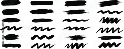 Collection of 20 different black brush strokes and lines