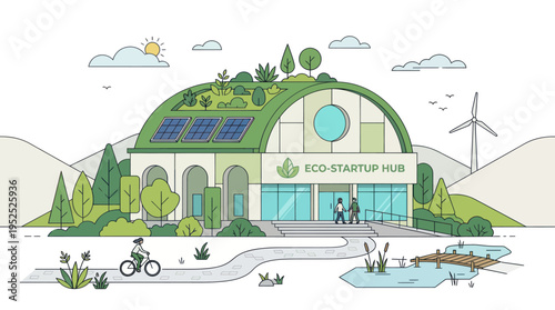 Eco Startup Hub Building with Green Roof and Solar Panels.