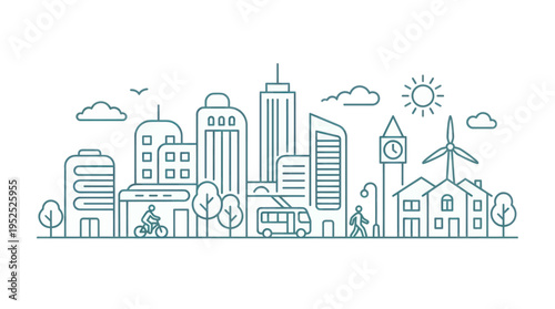 Eco-friendly city skyline with sustainable urban development and green energy.