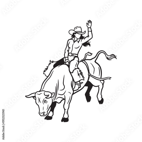 A black and white line art illustration of a cowgirl riding a bucking bull at a rodeo show event