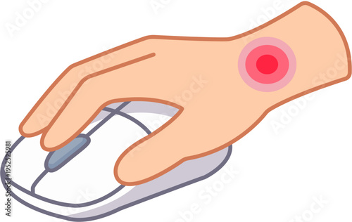 Hand using computer mouse with wrist pain flat vector icon, carpal tunnel syndrome and repetitive strain injury concept