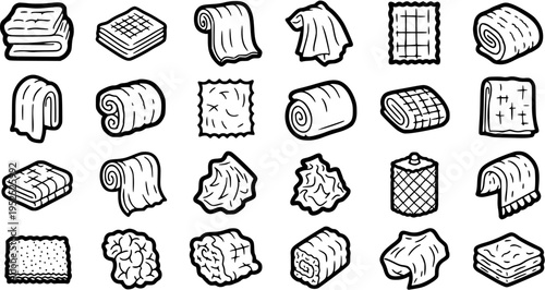 Home Hygiene Textiles Towels Fabric Cloth Black White Line Art Vector Icons Set