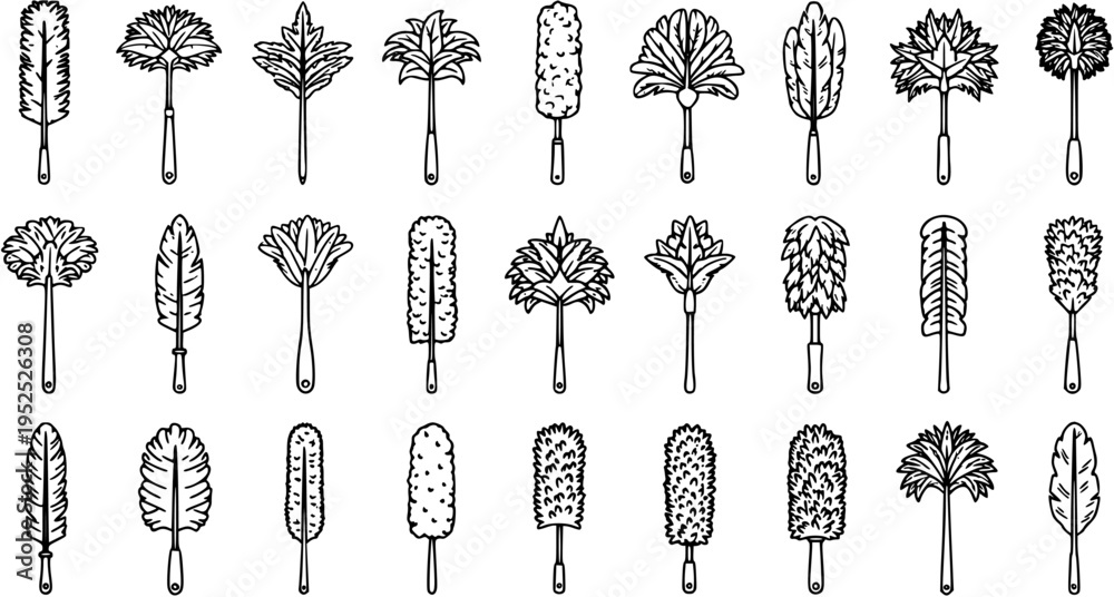 Εκτύπωση καμβά Black and White Line Art Collection of Feather and Brush Dusters, Cleaning Tools