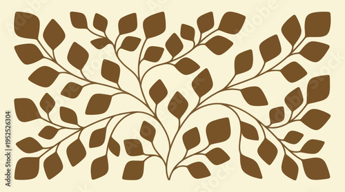 Elegant Brown Leafy Branches Pattern on Cream Background.